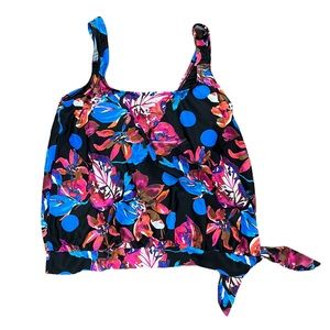 MAXINE OF HOLLYWOOD Floral Tankini Size 10 Shelf Bra Padded Side Tie Blue Pink